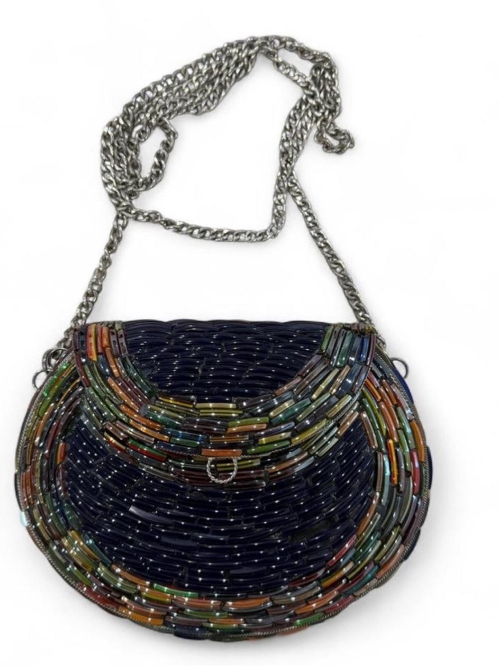 Beaded Navy Multicolor Crescent Crossbody Bag